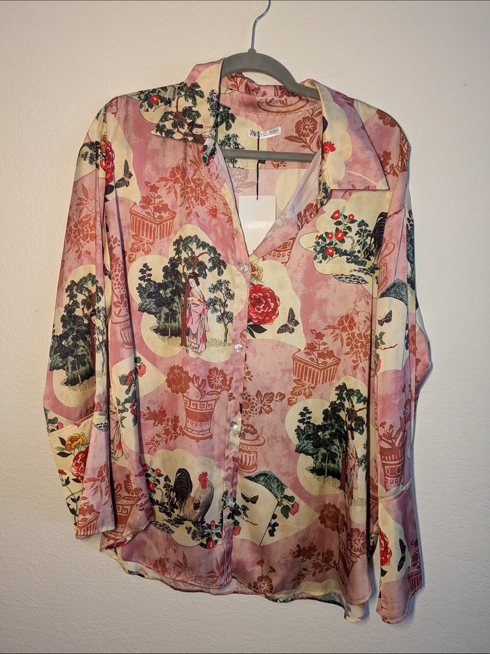 Zara Pink Scenic Floral Button-Down Shirt